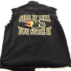 vintage men's sleeveless black button down biker graphic printed size medium